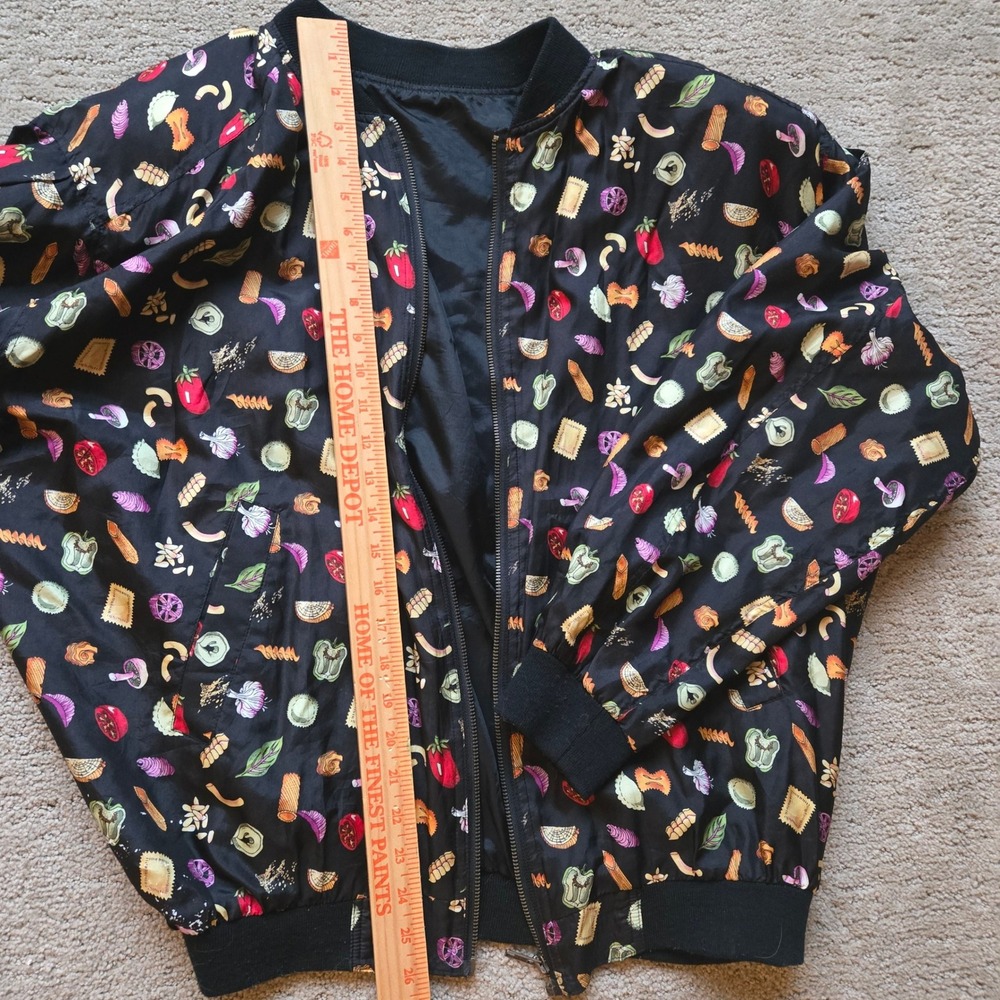 Vintage Silk Fabrics Pasta Print Bomber Jacket Black Novelty Size S - Picture 3 of 6